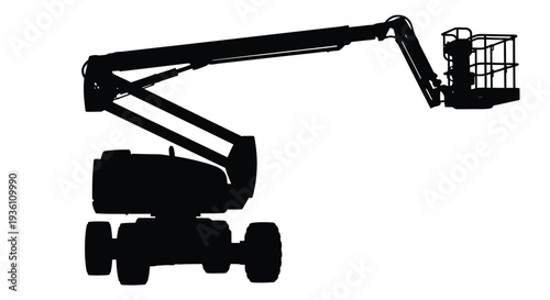 Black silhouette of a telescopic boom lift on a white background