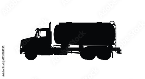 Black silhouette of a large tanker truck against a white background silhouette