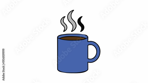 Blue ceramic mug filled with hot dark beverage emitting steam against a pure white background perfect for beverage advertising