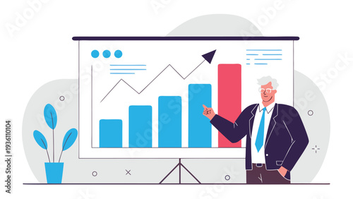 A senior male executive wearing a dark suit and blue tie points toward an upward trending bar graph on a large whiteboard in a clean office setting.