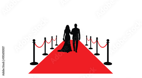 Couple walking a red carpet toward a glamorous event silhouette