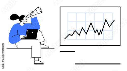 Business growth, data analysis, market trends, investment planning, forecasting, strategy development. Woman holding a telescope and analyzing a graph. Business growth and data analysis concept