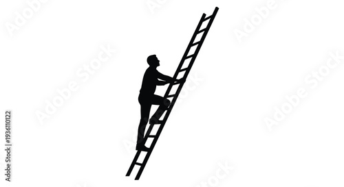 A person climbs a ladder depicted in stark black silhouette