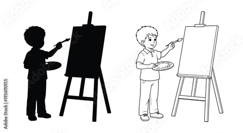 Boy painting at an easel contrasted with its black silhouette