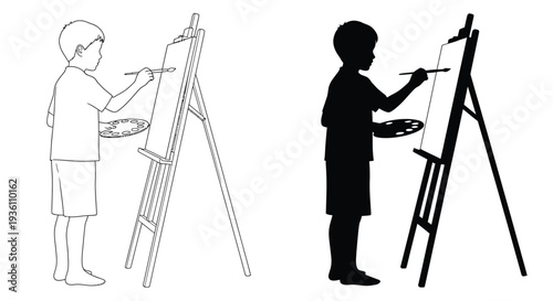 Young artist painting at an easel contrasting views silhouette
