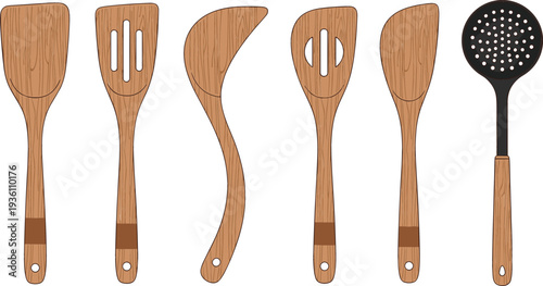 Professional wooden kitchen spatula set vector illustration including slotted turners and skimmer with natural wood grain texture for cooking and culinary design projects.