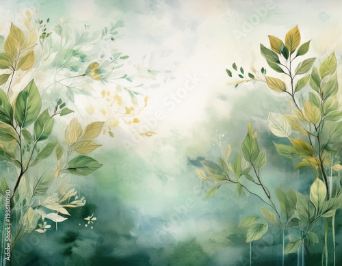 nature artwork featuring a textured watercolor background showcasing artistic depictions of leaves and trees suitable for interior photo wallpapers