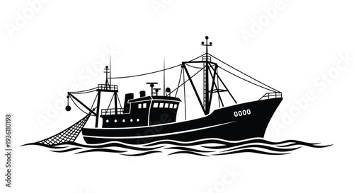 Detailed black silhouette of a fishing boat upon wavy water