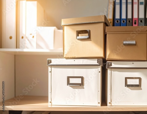 Organized office shelves with storage boxes and binders in warm sunlight