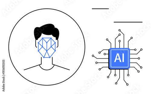 Identity verification, facial recognition, machine learning, AI technology, neural networks, digital security. A face with geometric overlay and AI microchip. Identity verification and machine