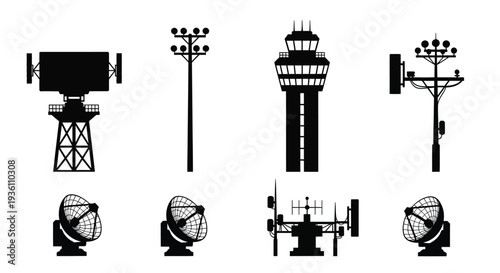 Airport infrastructure and radar systems depicted in dark silhouette
