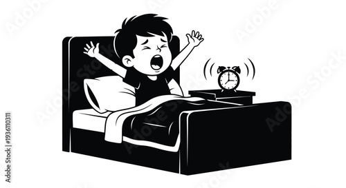 A young boy stretches and yawns while waking up in bed silhouette