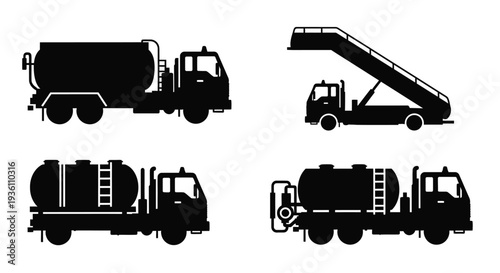 Four black silhouettes of various tanker trucks and vehicles