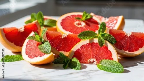 Sliced grapefruits arranged with mint sprigs on a marble surface, bathed in natural light