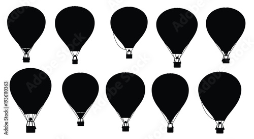 A collection of black hot air balloons in a simple silhouette