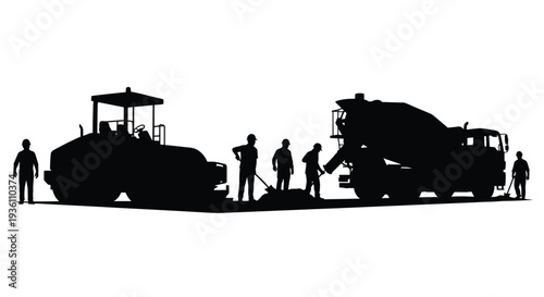 Construction workers and machinery in a striking black silhouette