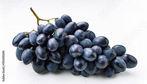fresh black grape cluster with stem on white surface isolated background