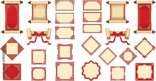 Traditional Chinese style scroll and frame vector set featuring red and gold decorative borders ancient paper textures and ornamental patterns for lunar new year design.