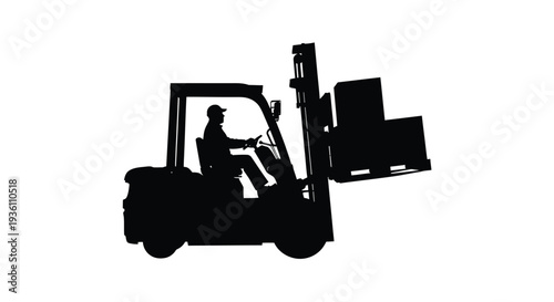 Forklift operator driving viewed from the side a dark silhouette