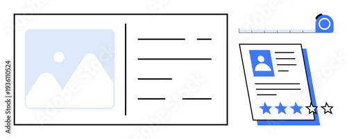 Professional profile and image card with rating system, tape measure, and evaluation details. Ideal for recruitment, HR, user reviews, profile scoring, assessment, analytics simple flat metaphor