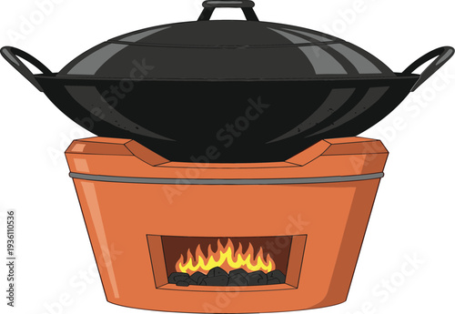 Traditional clay stove vector illustration featuring a large black wok with lid over a burning charcoal fire for rural cooking and authentic culinary design projects.
