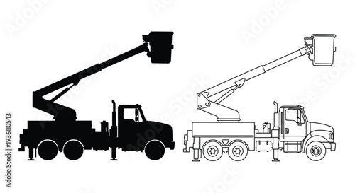 Two depictions of a bucket truck one solid one outlined silhouette