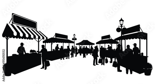 Busy outdoor market scene with people and stalls black silhouette