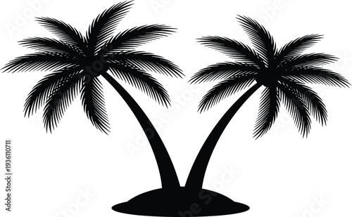 Tropical palm tree black silhouette vector illustration on a small island for summer vacation beach travel and exotic nature themed design projects.