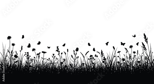 Black floral meadow with flying insects a striking silhouette