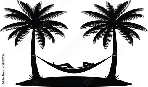 Tropical island silhouette vector illustration featuring a person relaxing in a hammock between two palm trees for summer vacation and beach travel designs.