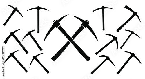 Collection of pickaxes in a striking black silhouette