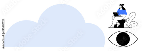 Cloud computing concept. Visual of cloud storage, remote work, and time management in cloud computing. Cloud computing enhances efficiency and flexibility. Ideal for technology, remote work, data