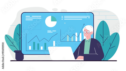 A senior man with glasses and grey hair uses a laptop computer in front of a massive blue screen displaying various white business growth charts and plants.