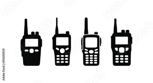 Four black walkie talkies displayed in a simple silhouette