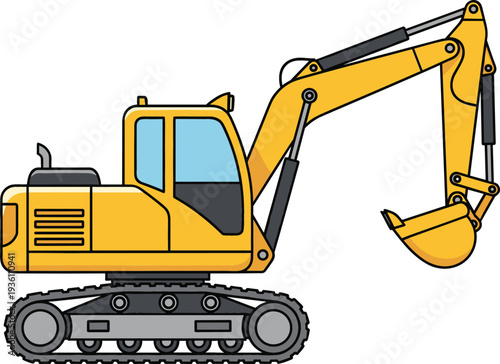 Yellow heavy industrial excavator vector illustration featuring hydraulic arm and bucket for construction site machinery and earthmoving equipment design projects.