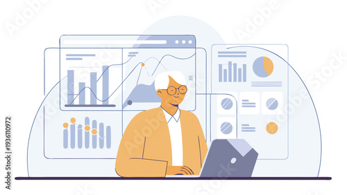 A senior executive in an orange sweater vest works on a laptop computer while multiple translucent digital charts and graphs float in the air around him.