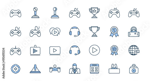 Gaming icons set controllers headsets trophy