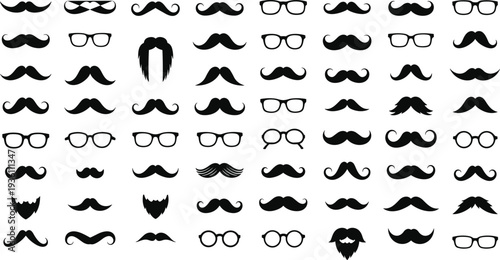 Large collection of black silhouette mustache beard and glasses icons for men fashion barbershop hipster style and masculine grooming design.