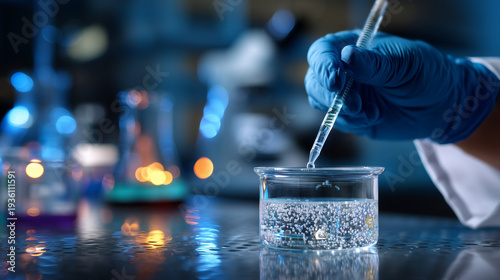 Close Up Laboratory Experiment with Pipette and Glass Beaker Medical Research Scientist pipetting liquid into flask in laboratory, chemical research, experiment, glassware, biotechnology
