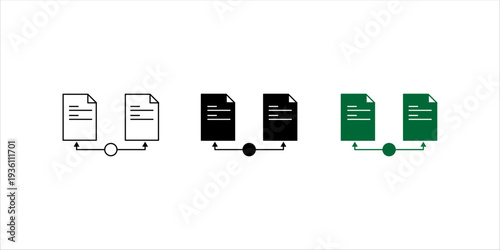 Minimal outline icon showing two documents connected by arrows and a central node, representing file synchronization, document sharing, data transfer, and version control. Suitable for cloud storage, 