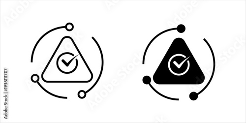 Minimal black and white outline icon set. of check mark inside triangle with circular process arrows. Quality assurance, validation, risk management and process control concept.