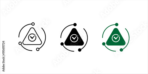 Minimal black and white outline icon set. of check mark inside triangle with circular process arrows. Quality assurance, validation, risk management and process control concept.