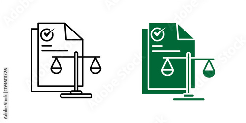 Minimal outline icon set. of official document with scale of justice. Legal compliance, regulation, contract law, corporate governance and documentation concept.