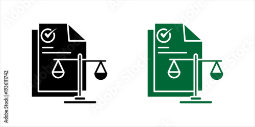 Minimal outline icon set. of official document with scale of justice. Legal compliance, regulation, contract law, corporate governance and documentation concept.