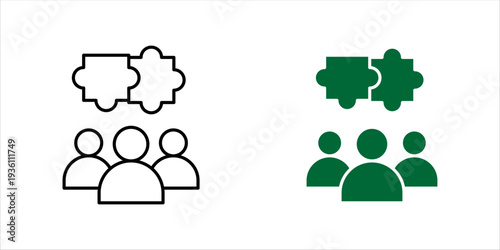 Minimal outline icon set. of group of people with puzzle pieces. Teamwork, collaboration, partnership, business cooperation and problem solving concept.