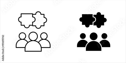 Minimal outline icon set. of group of people with puzzle pieces. Teamwork, collaboration, partnership, business cooperation and problem solving concept.