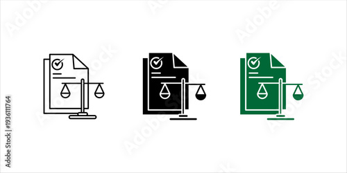 Minimal outline icon set. of official document with scale of justice. Legal compliance, regulation, contract law, corporate governance and documentation concept.