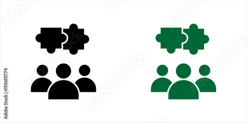 Minimal outline icon set. of group of people with puzzle pieces. Teamwork, collaboration, partnership, business cooperation and problem solving concept.