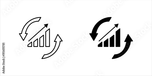 Black and white outline icon set. of bar chart with circular arrows. Business growth, performance improvement, financial progress and continuous development concept.