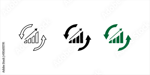 Black and white outline icon set. of bar chart with circular arrows. Business growth, performance improvement, financial progress and continuous development concept.